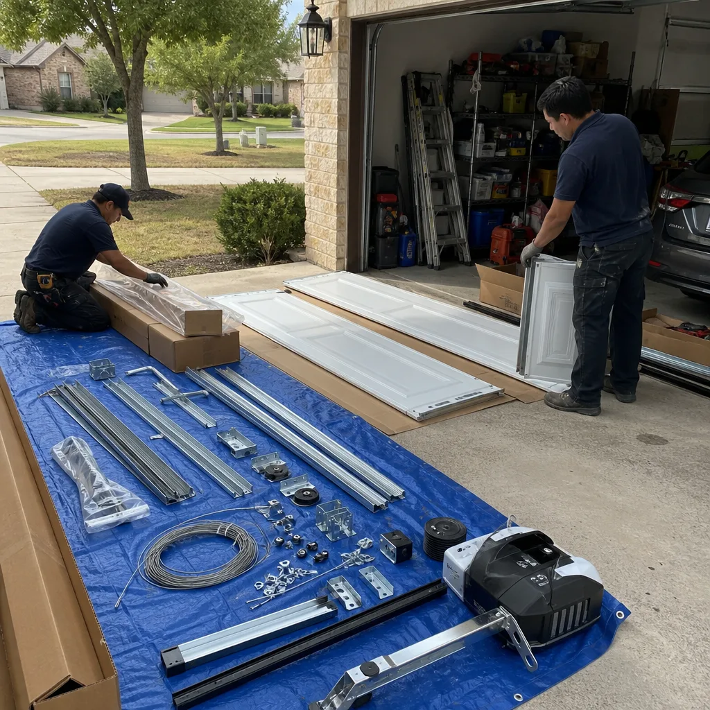 Two technicians preparing parts for a garage door installation project