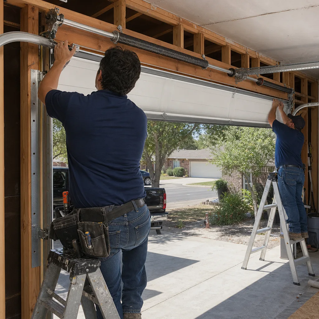 Two professional technicians installing a new residential garage door system.