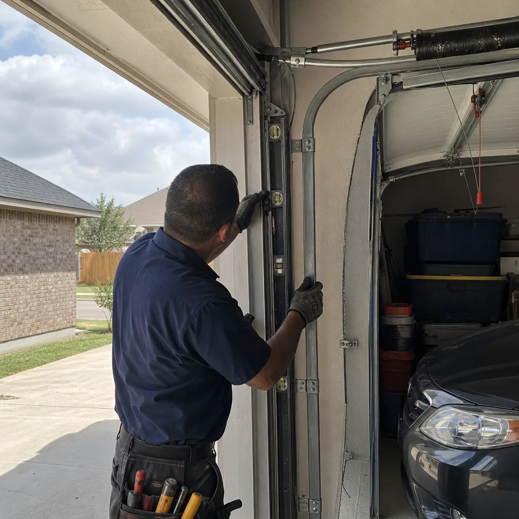 Technician checking vertical alignment of a garage door track with a level