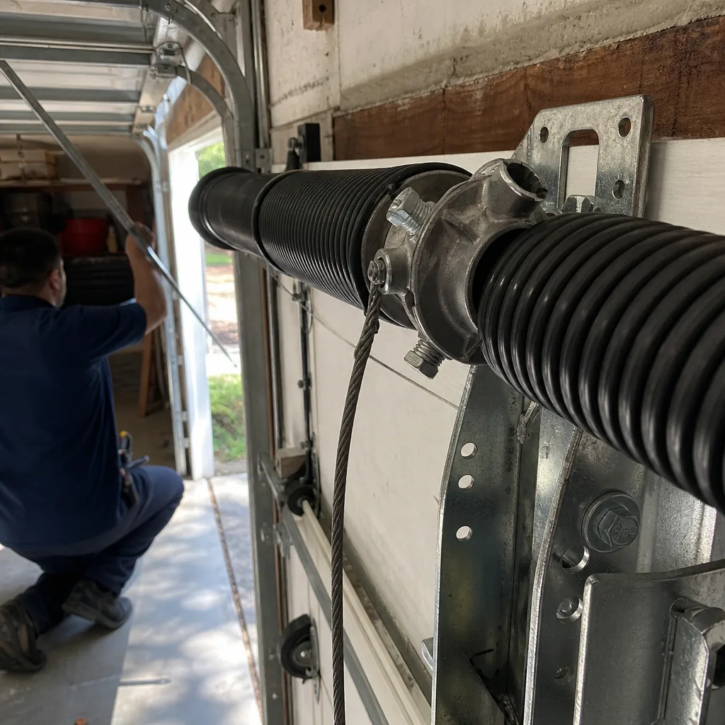 Professional technician performing garage door spring repair and maintenance