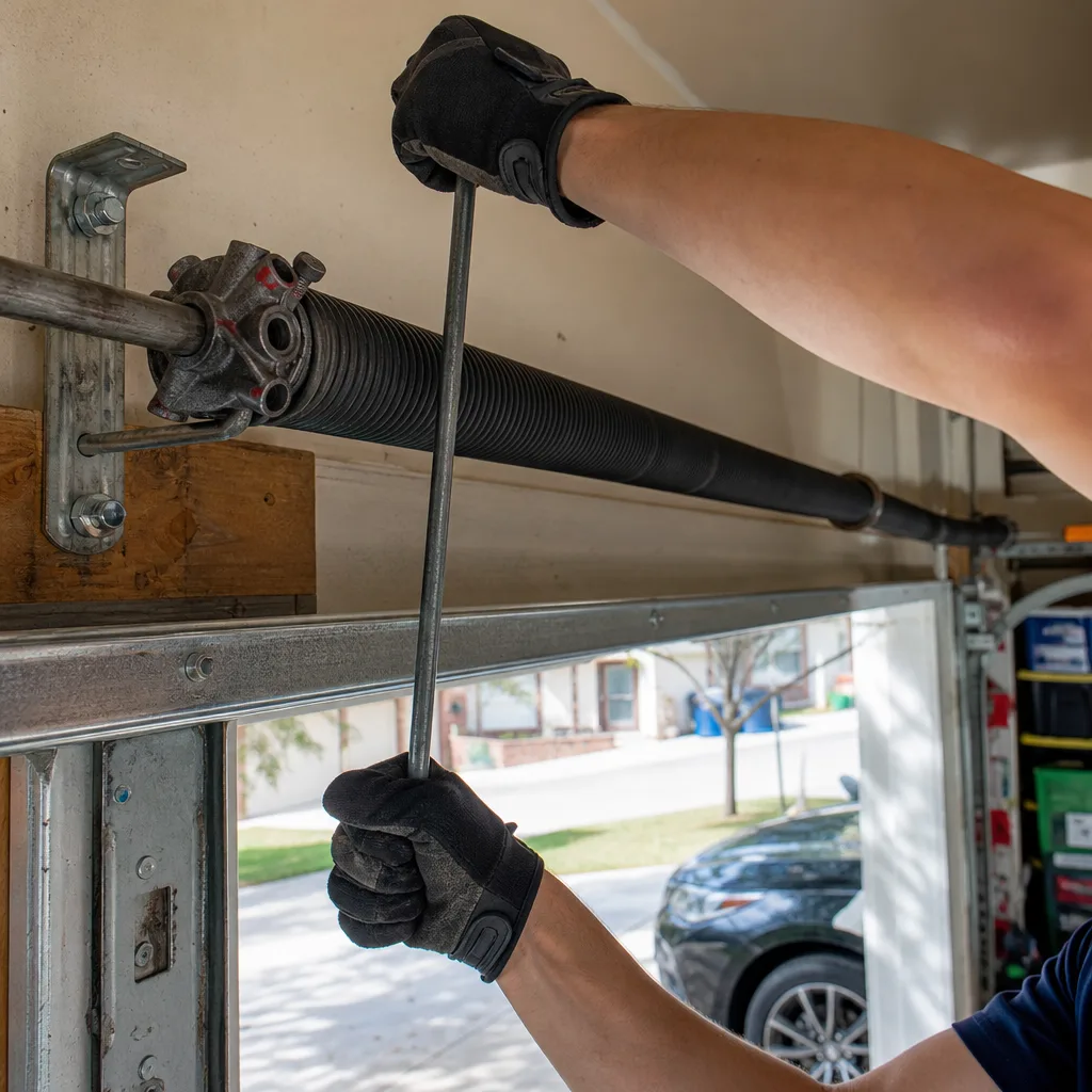 Technician performing professional garage door torsion spring repair and tension adjustment