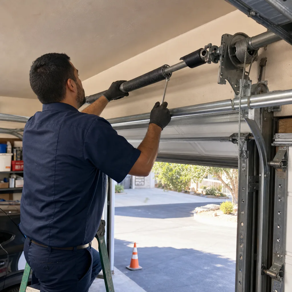 Technician performing professional garage door spring repair using a winding bar